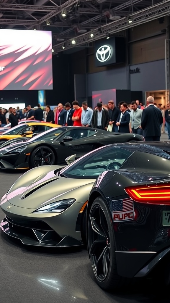A display of upcoming affordable sports cars at an auto show.
