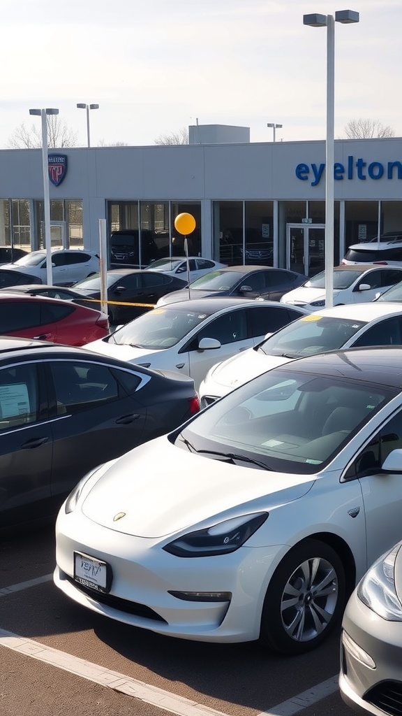 A dealership showcasing various cars, including a white electric vehicle in the foreground.