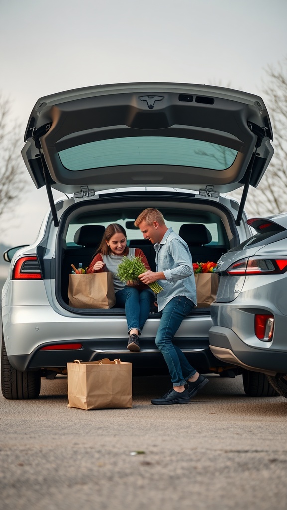 A young couple loading groceries into the trunk of a Tesla vehicle, highlighting the practicality and convenience of electric vehicles.