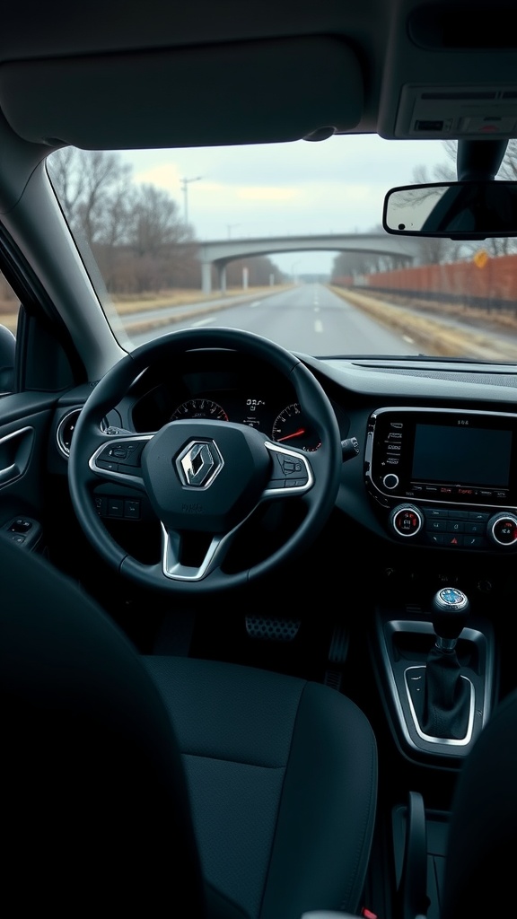 Interior view of the Renault 5 E-Tech showing the steering wheel, dashboard, and gear stick.