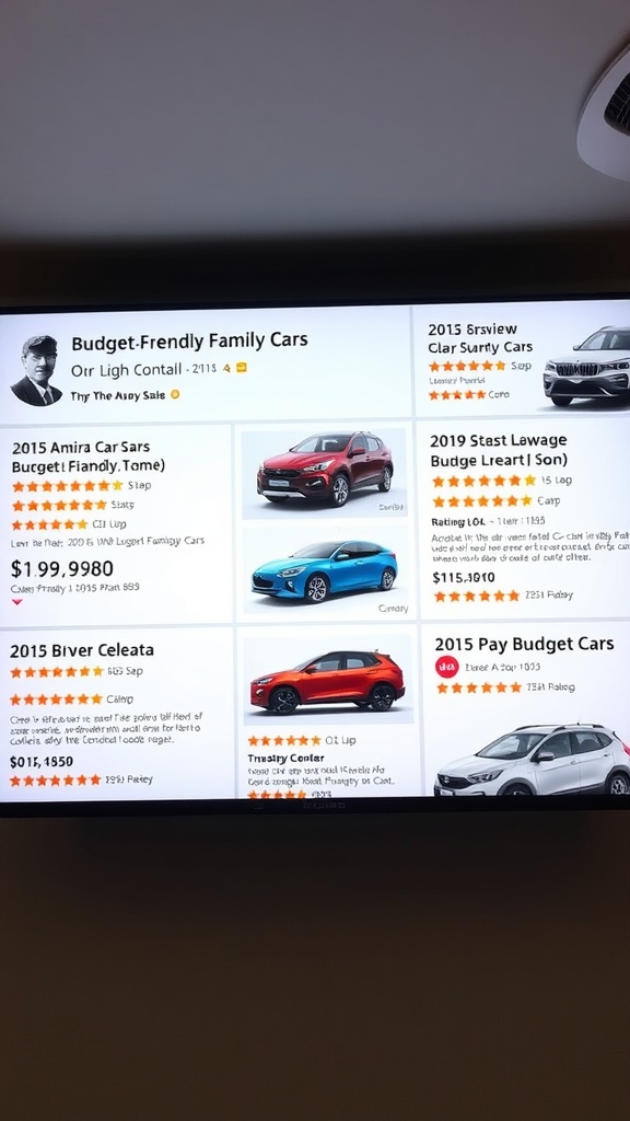 A detailed view of budget-friendly family cars with user reviews and prices.