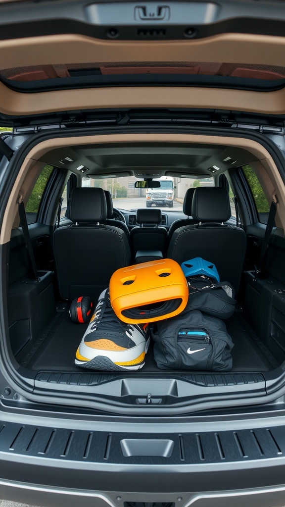 Interior view of a spacious trunk in a 7-seater SUV with sports gear, a helmet, and a bag.