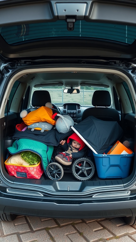 Packed trunk of a family car with various items including bags and a child.