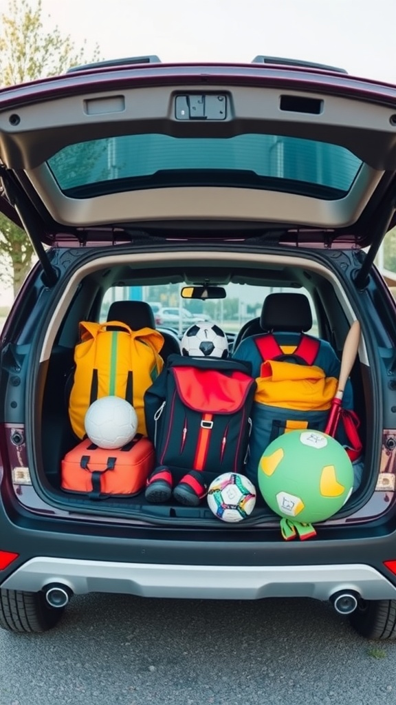 A car trunk filled with colorful backpacks, sports balls, and equipment for family activities.