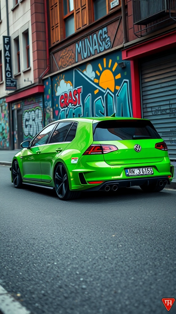 A bright green Volkswagen Golf GTI parked in front of colorful street art.