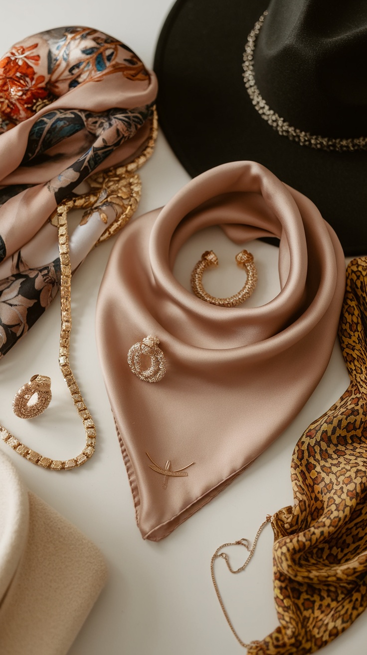 A collection of accessories including scarves, jewelry, and a hat laid out on a flat surface.