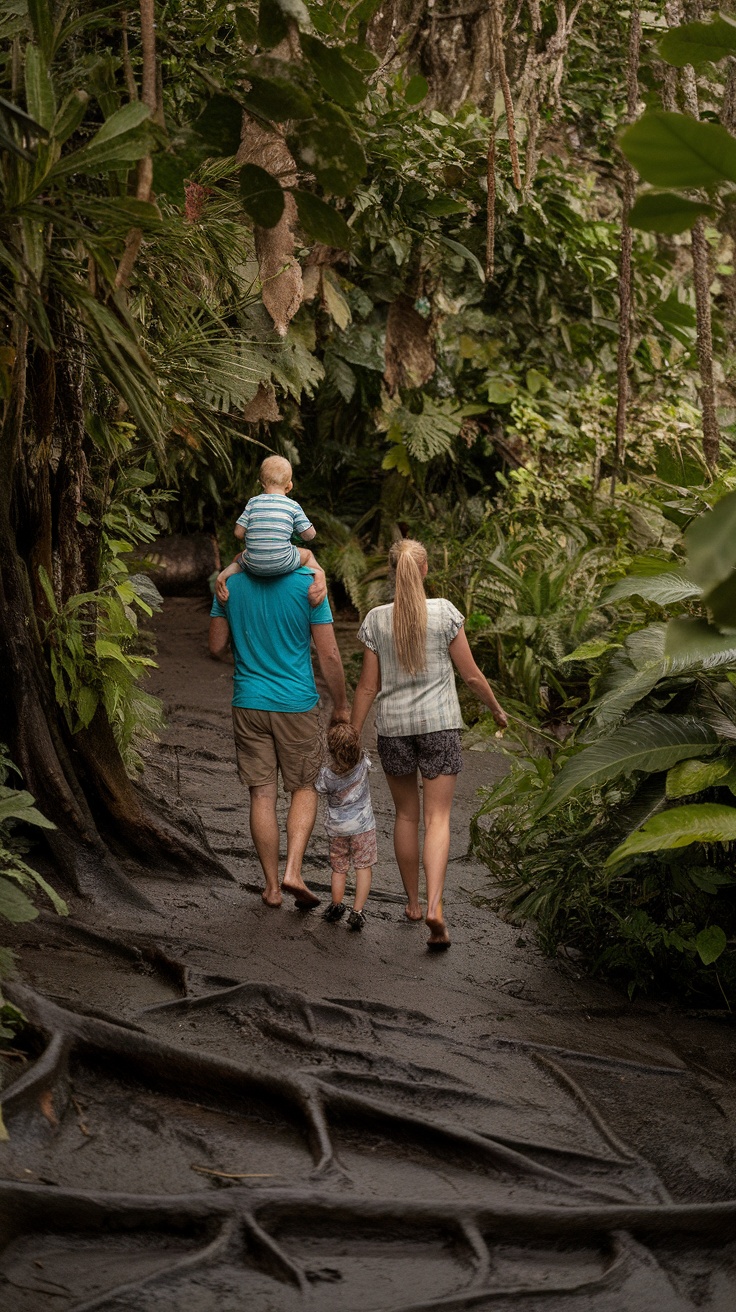 A family walking along a trail in a tropical forest.