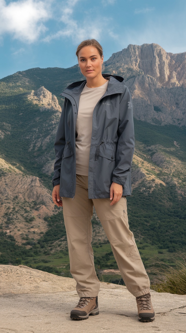 A woman wearing a grey waterproof jacket, light t-shirt, and beige pants, posing on a rocky mountain trail.