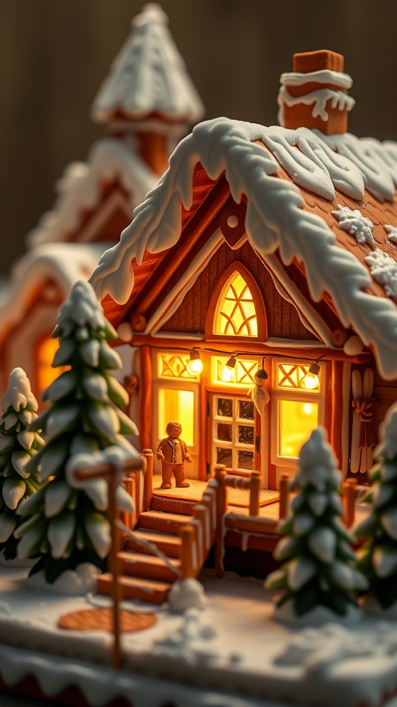 Cozy winter lodge with snow-covered roof and glowing lights