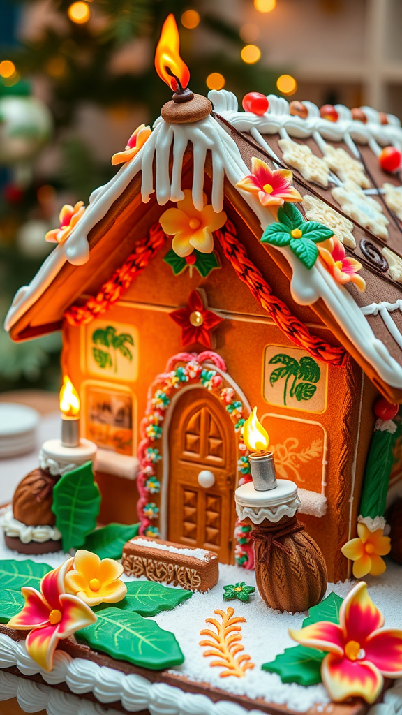 A beautifully decorated gingerbread house with flowers and candles, evoking tropical vibes.