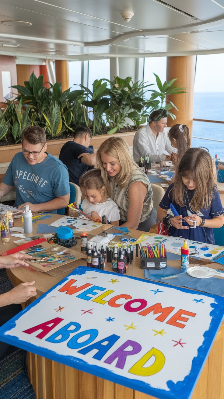 Families engaging in art and craft workshops aboard a cruise ship.