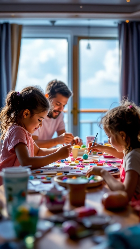 A family engaging in an arts and crafts workshop on a cruise, creating colorful projects together.