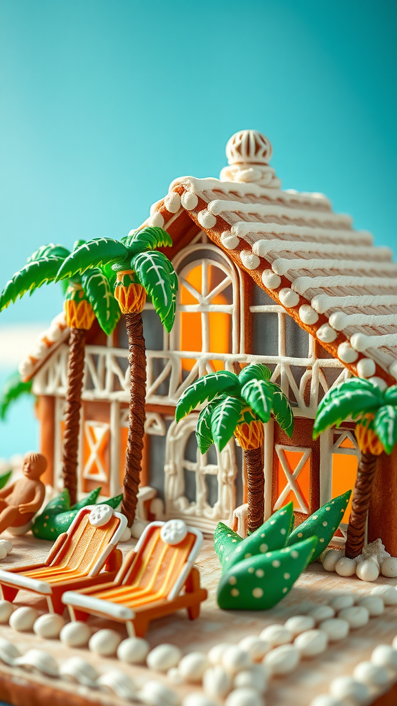 A whimsical gingerbread house resembling a tropical resort with palm trees and lounge chairs.