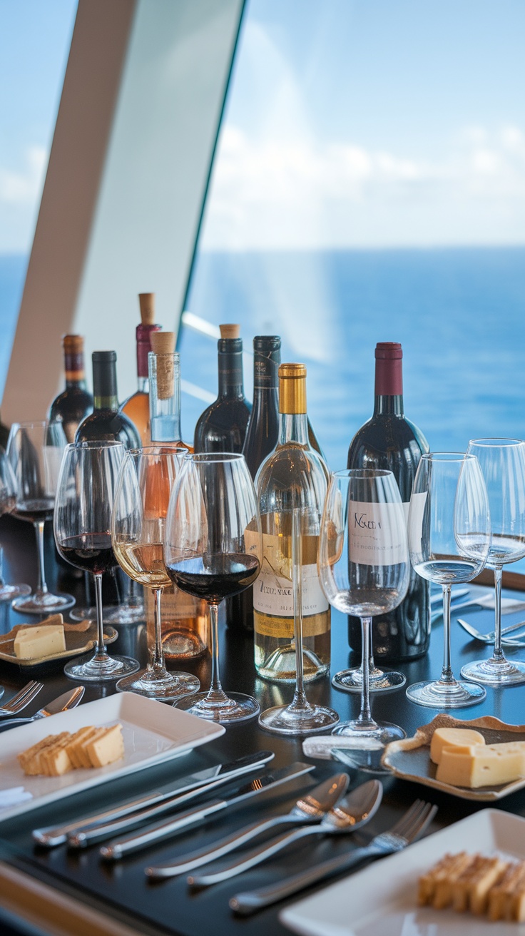 A table set for a wine tasting event with various wine bottles, glasses, and cheese.