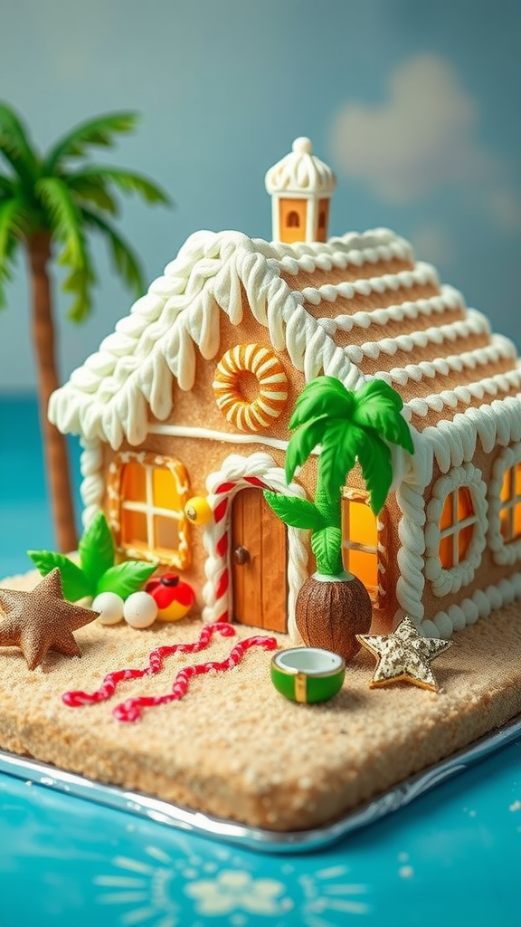 Gingerbread beach house with palm trees and decorations