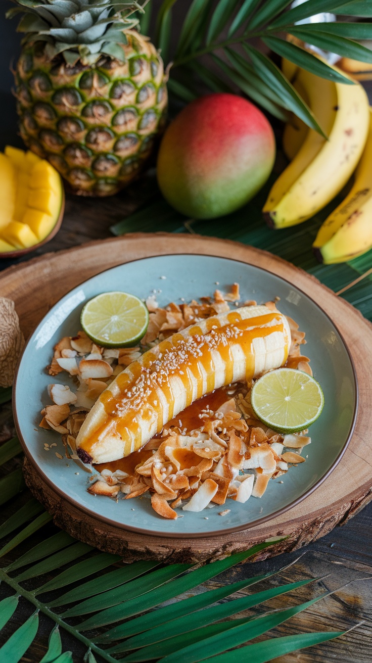 A baked banana drizzled with honey, served with lime slices and toasted coconut flakes on a plate.