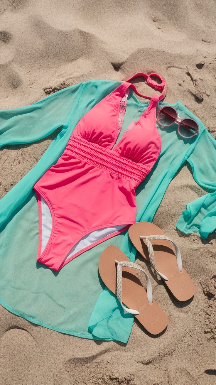 A pink swimsuit, teal cover-up, flip-flops, and sunglasses arranged on sandy beach.