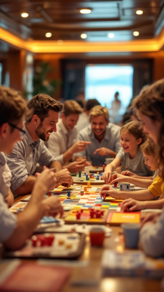 A lively group of people enjoying board games together on a cruise.