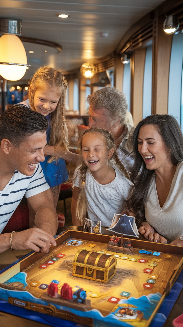 A family enjoying a board game together on a cruise ship.