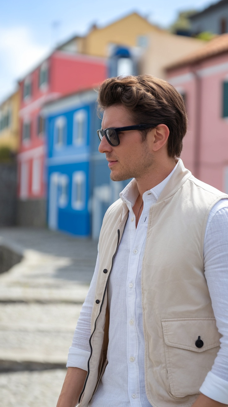 A man wearing a light vest and white shirt, enjoying a sunny day by colorful buildings.