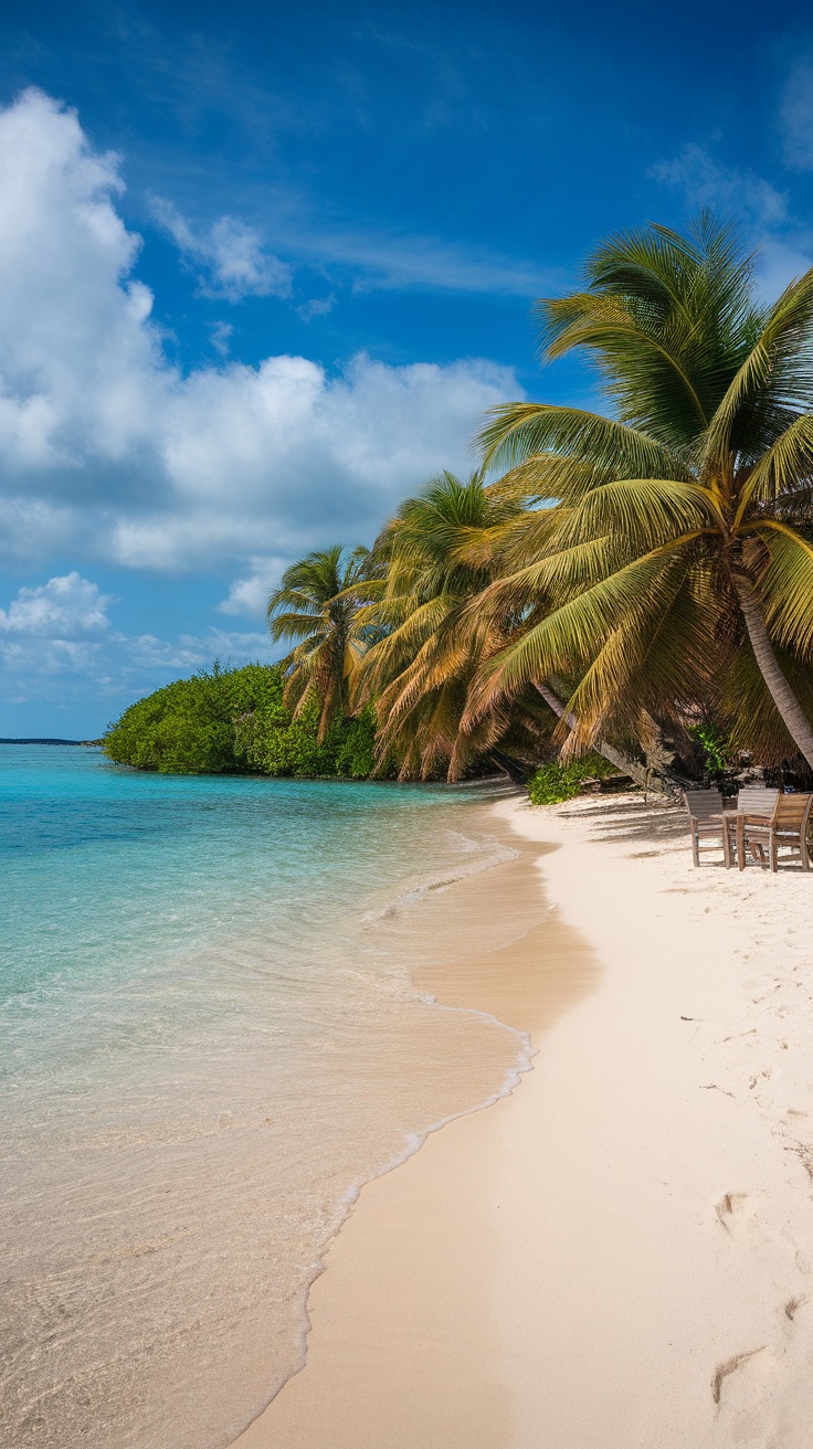 A beautiful Caribbean beach with palm trees and clear blue waters.