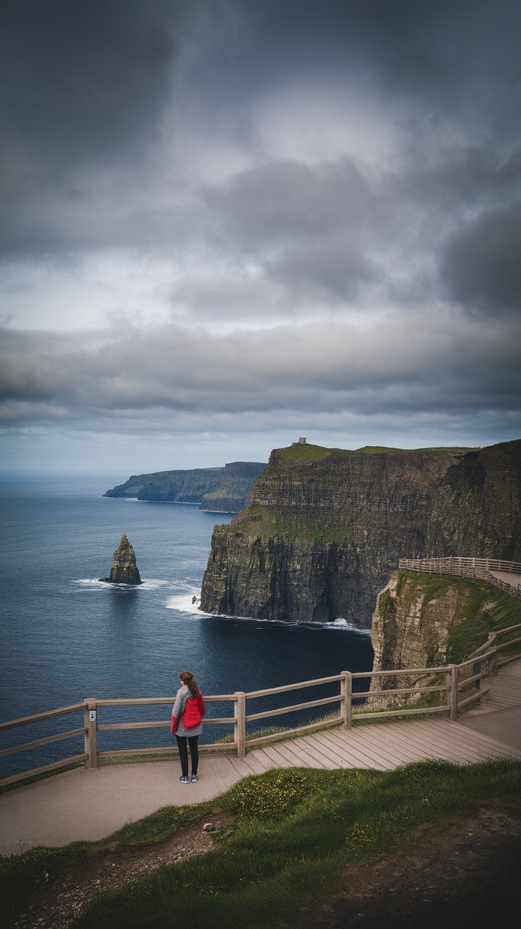 A person standing on the Cliffs of Moher, overlooking the ocean with cliffs in the background.