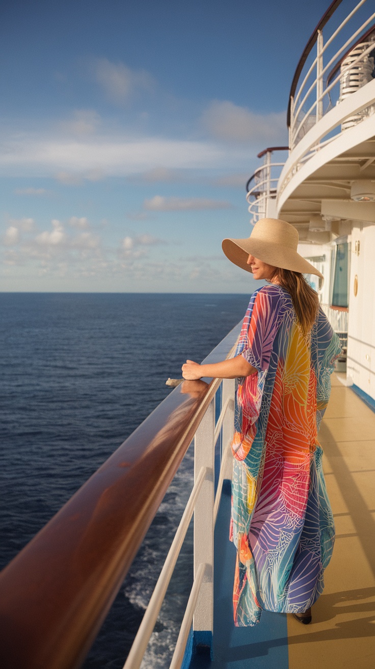 A woman in a colorful kaftan standing on a cruise ship balcony overlooking the ocean