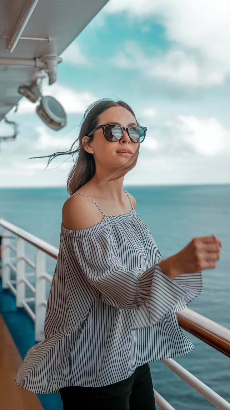 A woman wearing a striped off-shoulder blouse on a cruise ship with the ocean in the background.