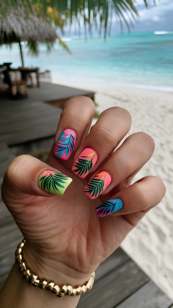 Colorful short nails with tropical leaf designs, set against a beach background.