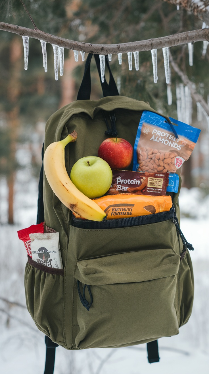 A backpack filled with various snacks including fruits, protein bars, and nuts hanging on a tree branch in a snowy setting.