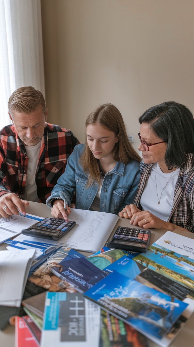 A family sitting at a table with calculators and brochures, discussing their cruise plans.