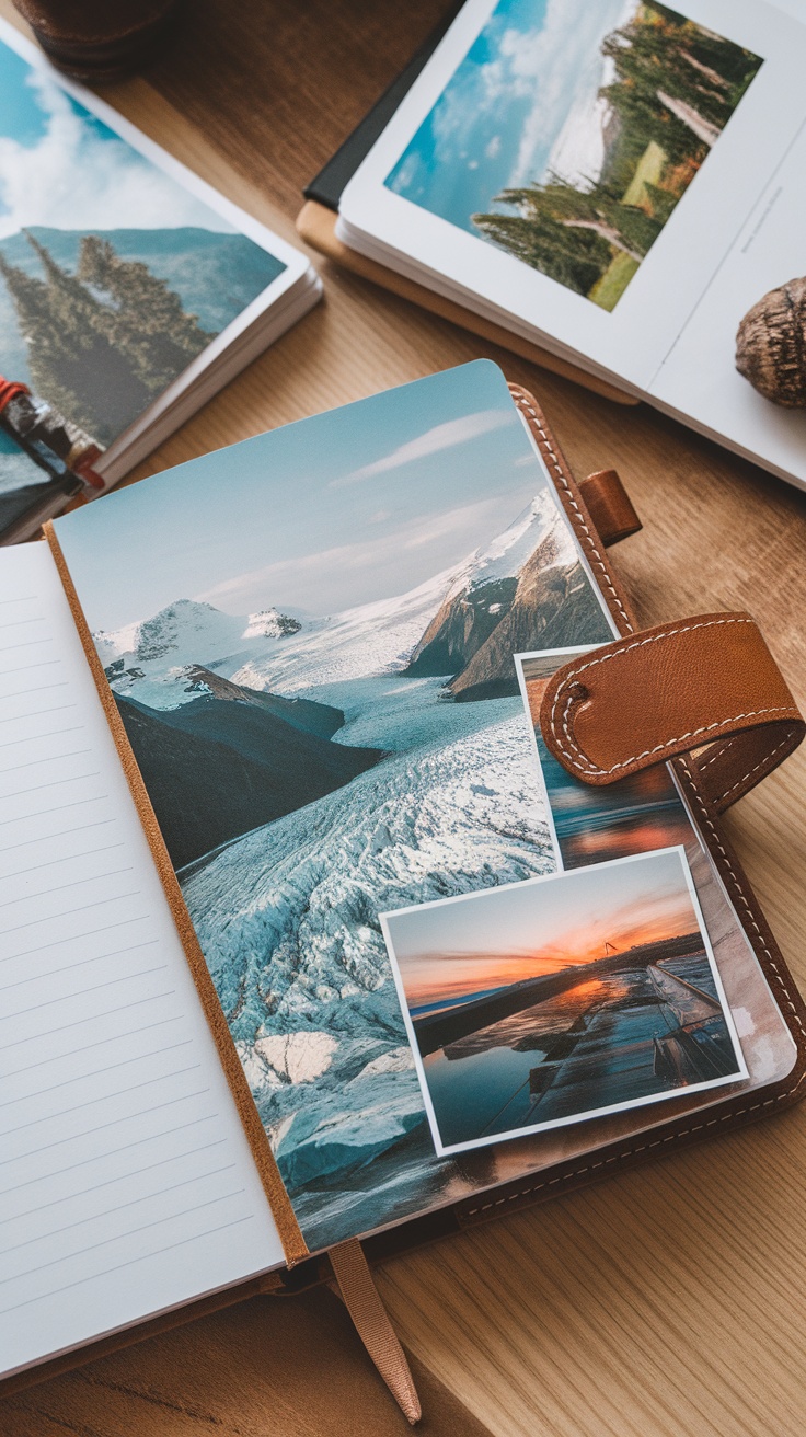 A scrapbook with photos of a glacier and a sunset, placed on a wooden surface.