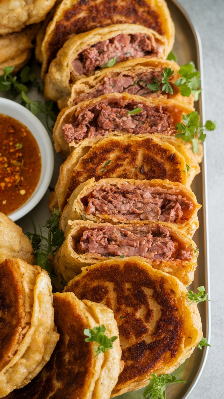 A platter of Caribbean beef patties, some cut open to show the filling, served with a dipping sauce.