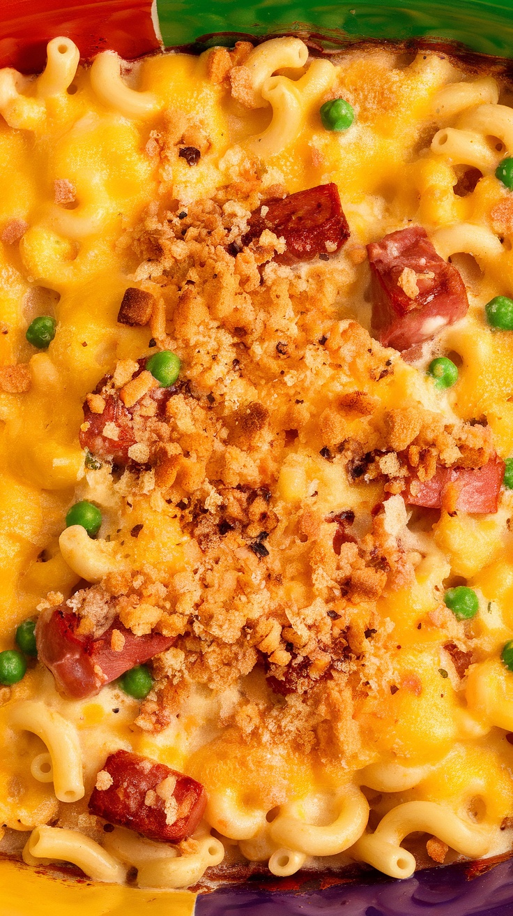 A close-up of Caribbean mac and cheese topped with crunchy bits and colorful ingredients.