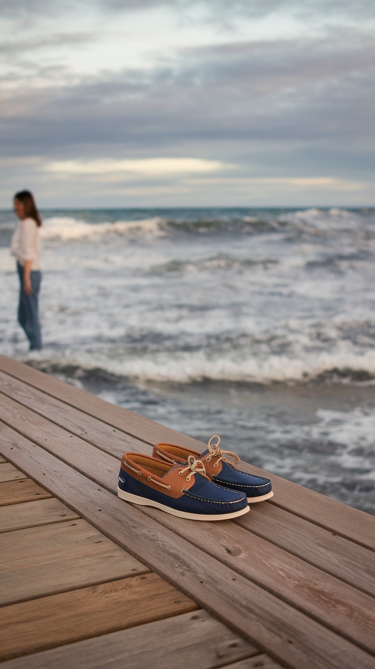 Casual boat shoes on a wooden deck with ocean waves in the background.