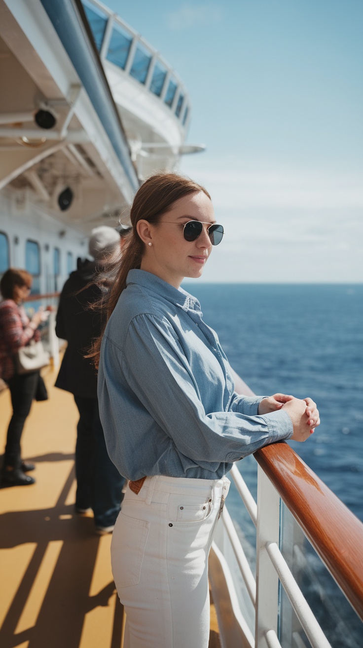A woman wearing a chambray shirt and white jeans on a cruise ship.