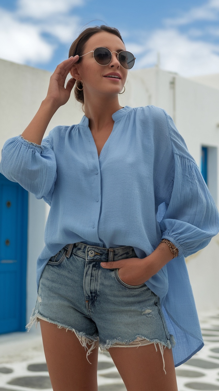 A stylish woman wearing a light blue shirt and denim shorts, with sunglasses and a relaxed pose.