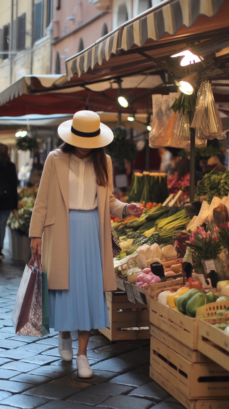 A woman in a light blue skirt and beige coat shopping at a market.