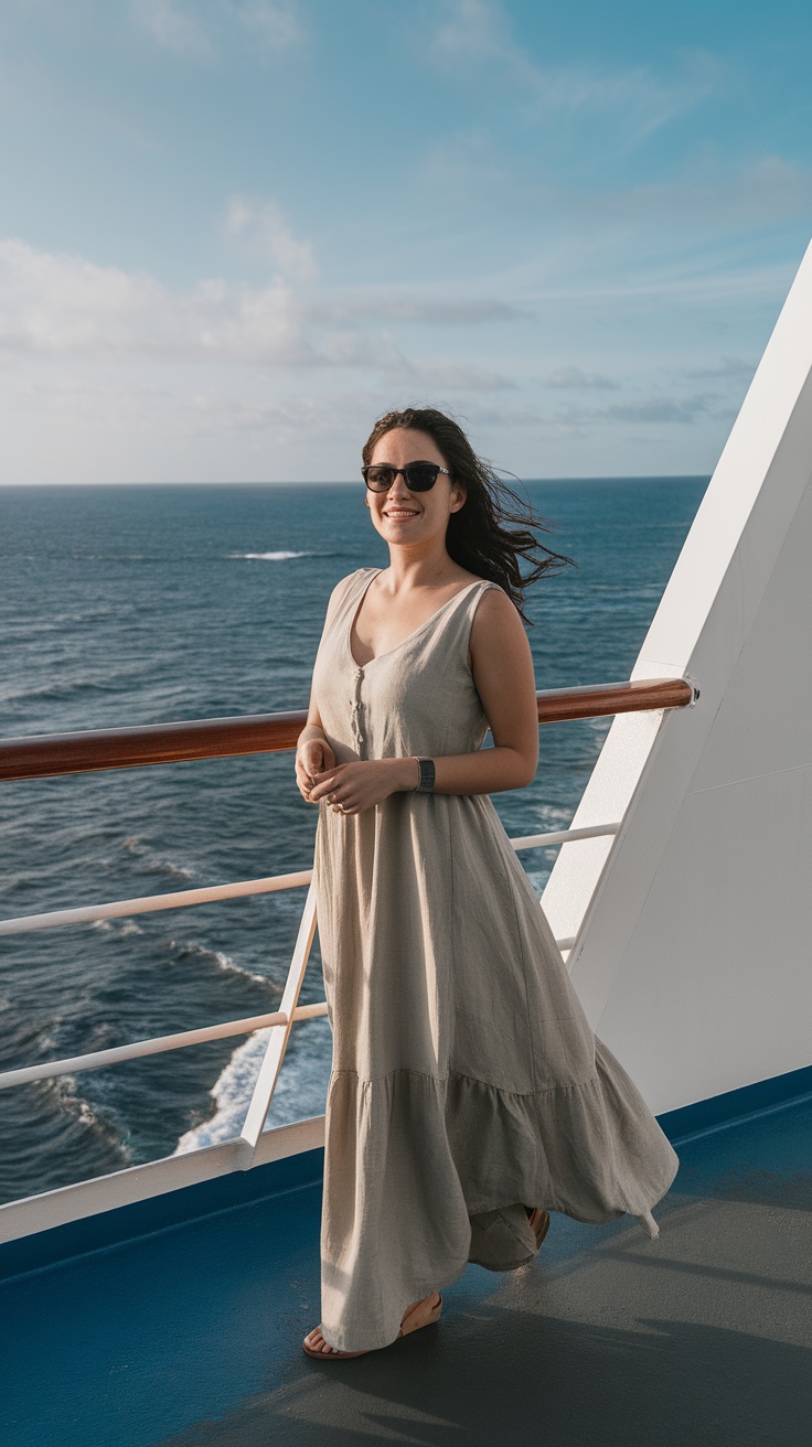 A woman wearing a linen dress, standing on a cruise ship deck with the ocean in the background.