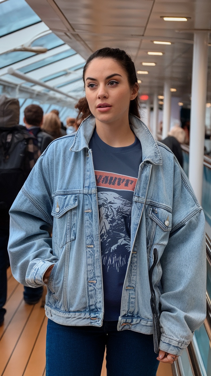A woman wearing a casual denim jacket over a graphic tee and jeans while standing on a cruise ship.