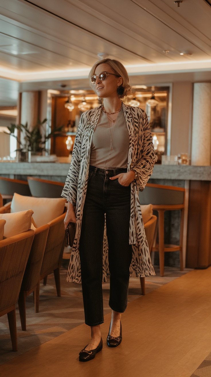 A woman wearing a stylish kimono over a casual outfit, accessorized for an evening out.