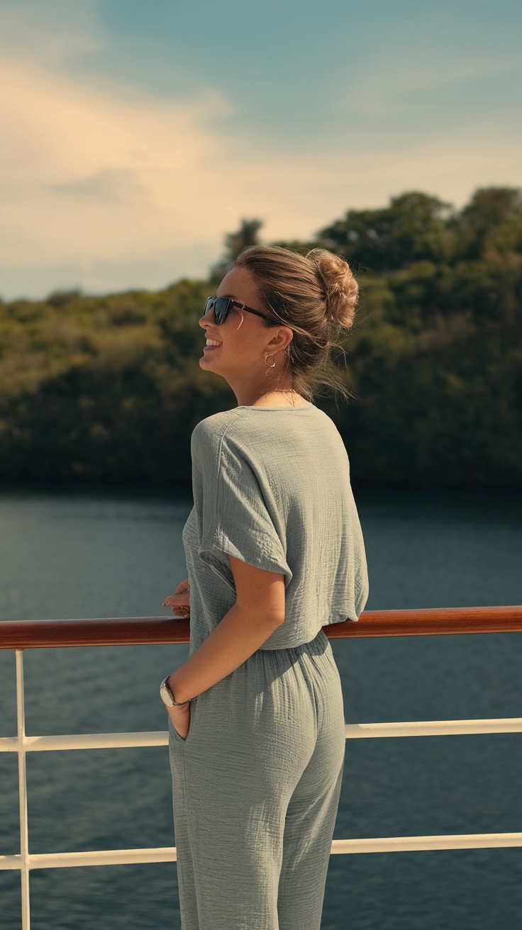 A woman wearing a light blue casual outfit on a cruise, smiling at the view.