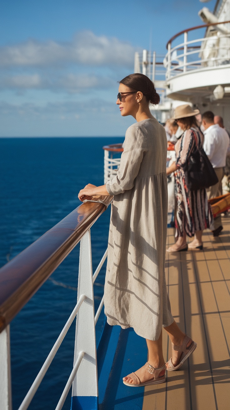 A woman in a flowy dress and sunglasses standing on a cruise ship deck, looking at the ocean.