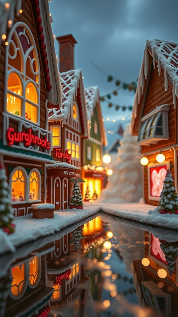A charming portside town with cozy, decorated houses and a reflective water surface.