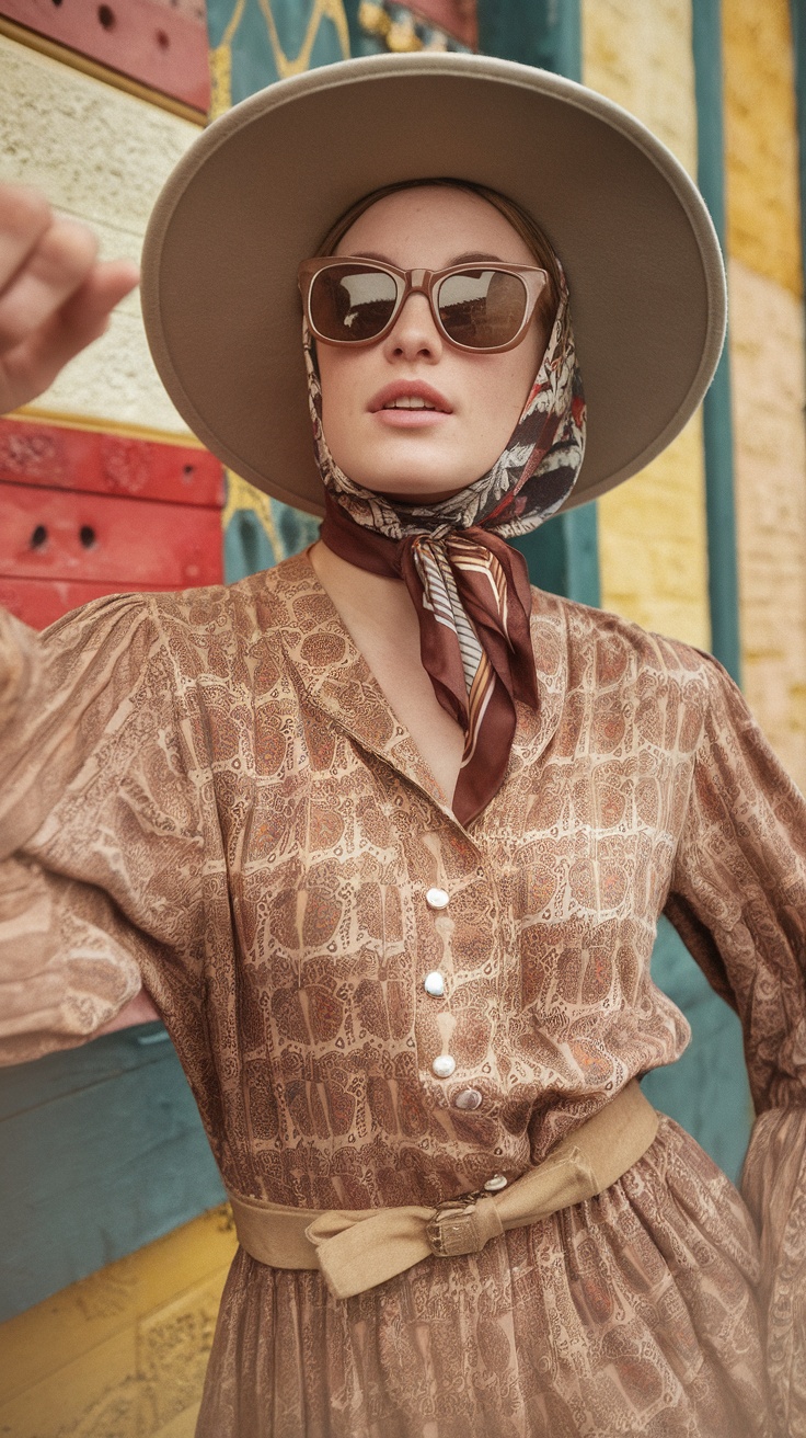 A woman in a vintage-inspired outfit with a wide-brimmed hat and sunglasses, posing against a colorful background.