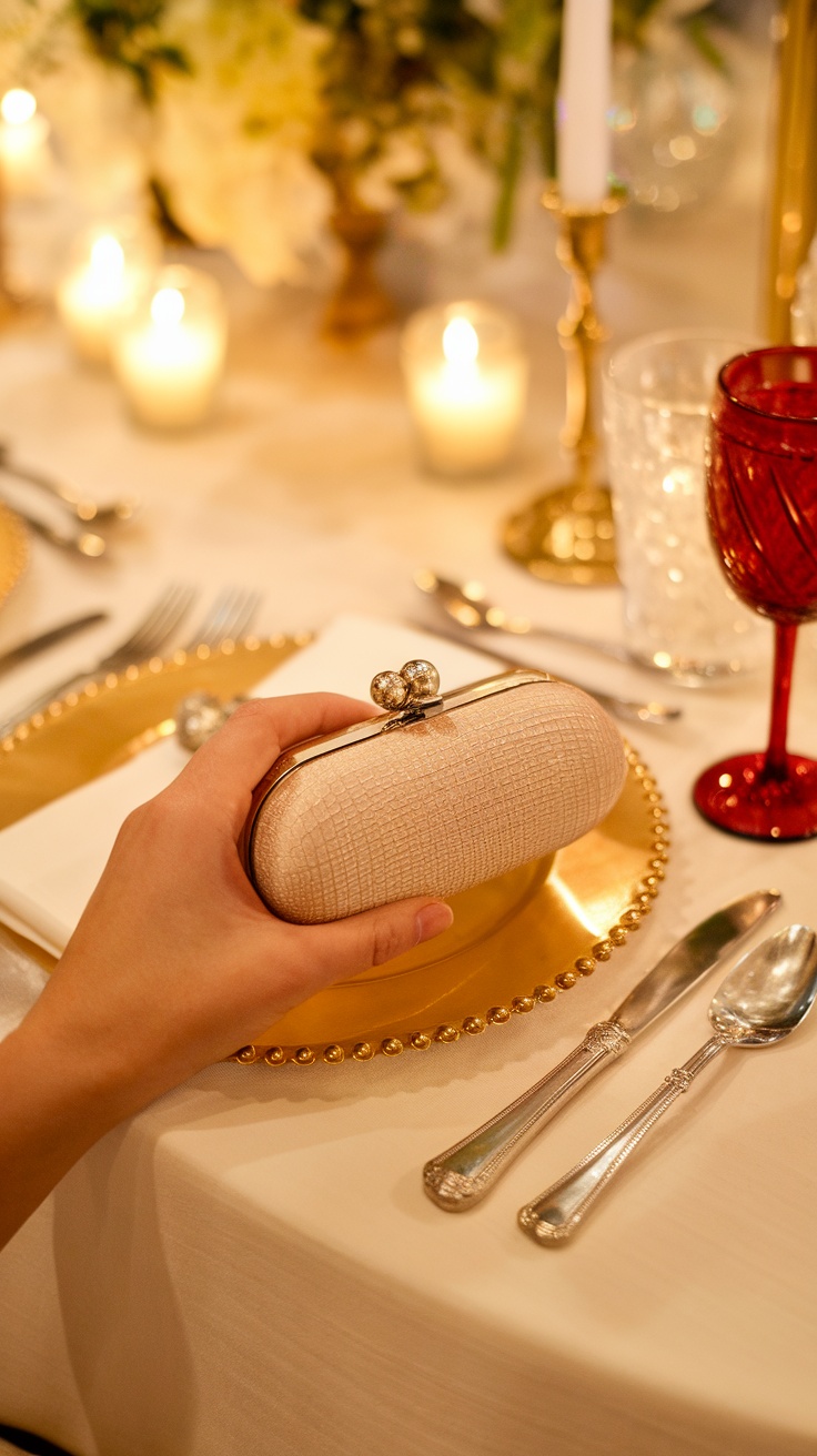 A hand holding a chic clutch near elegantly set table with candles and glassware.