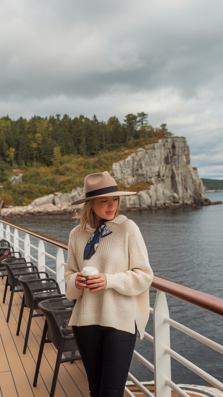A woman in a cozy sweater and hat enjoying coffee on a cruise ship near a coastal view.