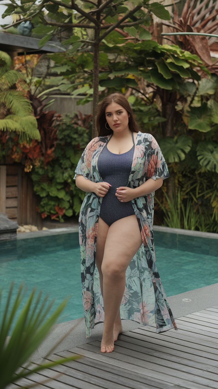 A plus-size woman wearing a floral cover-up over a swimsuit, standing by a pool surrounded by lush greenery.