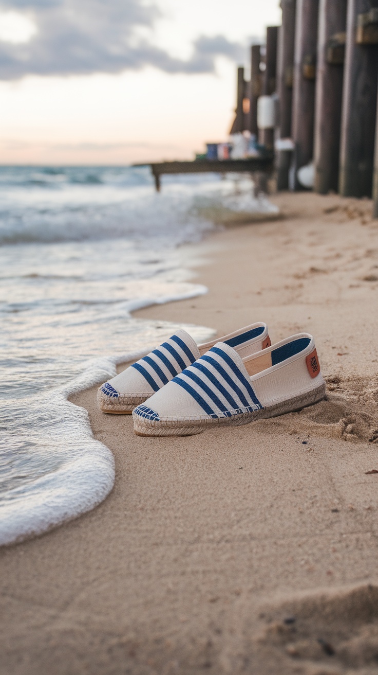 A pair of striped espadrilles resting on the beach with gentle waves in the background.
