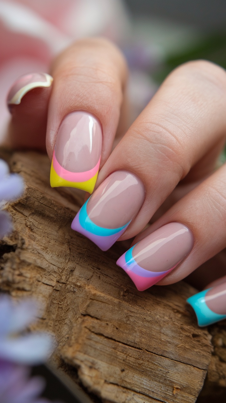 Chic French tips featuring vibrant colors like pink, yellow, and blue.